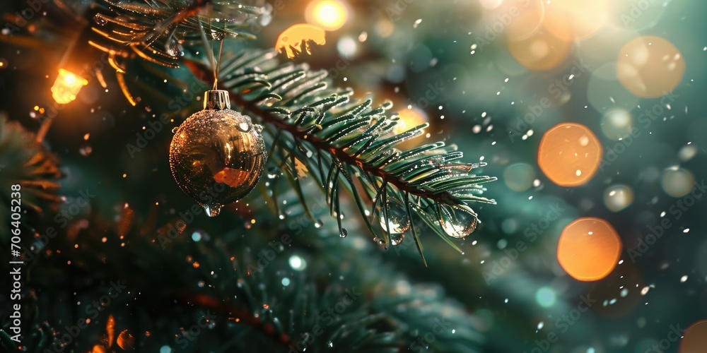 Poster A close-up view of a Christmas tree with vibrant lights in the background. This festive image can be used to add a touch of holiday cheer to any project