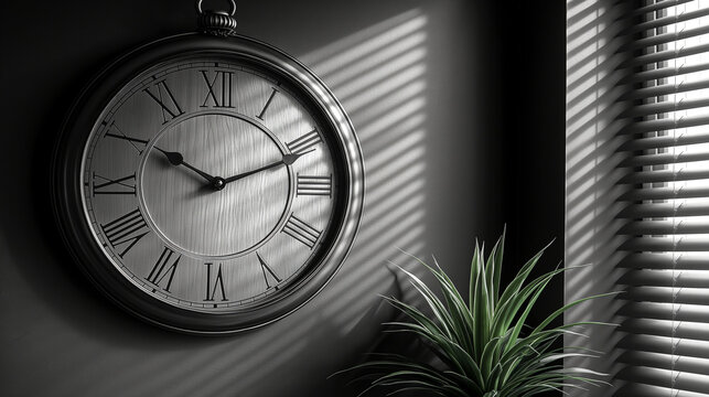 silver pocket watch on a wall with Roman numerals, casting a shadow beside a green potted plant, in a room with blinds