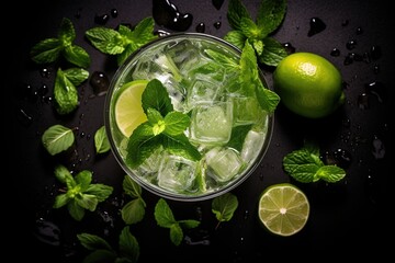 Flat lay of alcoholic mojito with ice and mint on black background