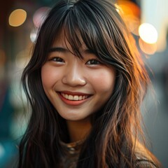 Cheerful Asian Girl with a Joyful Smile and Long Hair Looking at Camera, Blurred City Background, Close-Up Portrait Photography