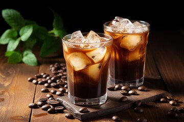 Iced coffee in glasses on wooden background