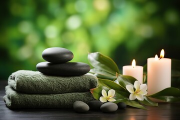 Spa stones with towels and candles on blurred background