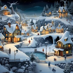 Winter village with snow and houses. Digital painting. 3D illustration.