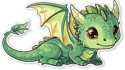 Fototapeta premium Cute green dragon cartoon sticker. Illustration isolated on white background