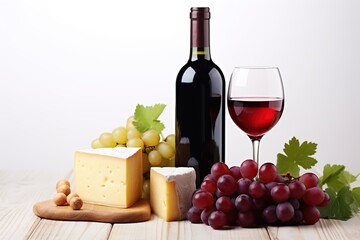 Bottle and glass of red wine with grapes and cheese on wooden background