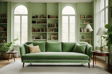 green sofa and bookshelf in the living room. light green living room inspiration