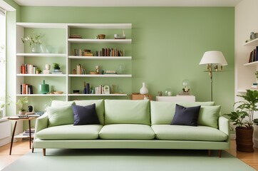 green sofa and bookshelf in living room with green walls. modern living room interior