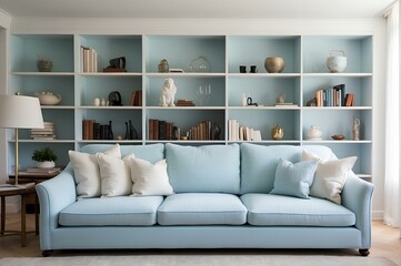 blue sofa in the living room. Scandinavian home interior design, modern living room.