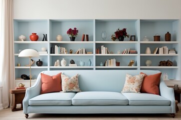 light blue sofa in the living room. Scandinavian home interior design, modern living room.