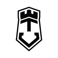 TV Letter Logo monogram hexagon shield shape up and down with crown castle isolated style design