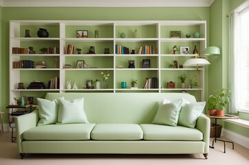 green sofa in the living room. Scandinavian home interior design, modern living room.