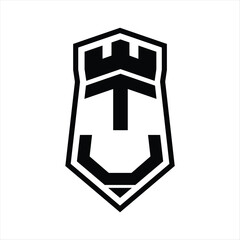 TU Letter Logo monogram hexagon shield shape up and down with crown castle isolated style design