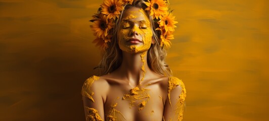 Abstraction Arnica natural medicated shampoo hair, body lotion. Natural Arnica face mask for woman Horizontal photo. Сonnection between nature, flowers and skincare. For banners, posters.