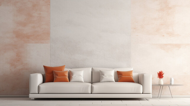 Minimalist Elegance: White Sofa and Terra Cotta Marble Paneling