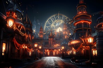 Fantasy city at night with a ferris wheel. 3d rendering
