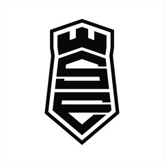 SE Letter Logo monogram hexagon shield shape up and down with crown castle isolated style design