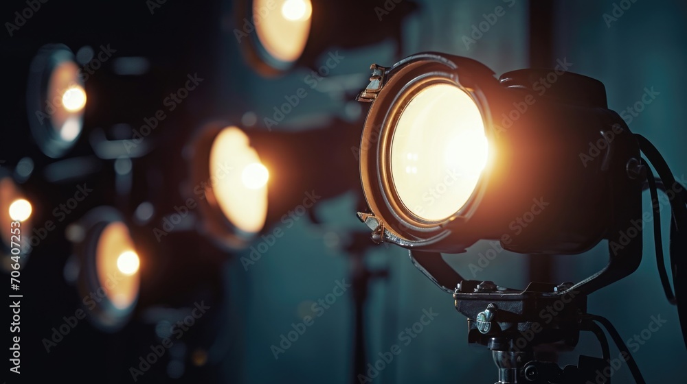 Poster A close up view of a light mounted on a tripod. This versatile image can be used to depict photography, film production, or lighting equipment