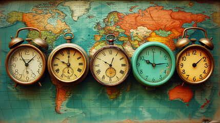 four vintage alarm clocks showing different times against a world map background, symbolizing...