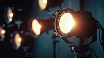 A close up view of a light mounted on a tripod. This versatile image can be used to depict photography, film production, or lighting equipment - obrazy, fototapety, plakaty
