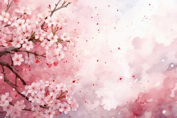 Sakura, peaches and cherries in pink-coral watercolor. Japan in spring, delicate pink landscape, spring nature