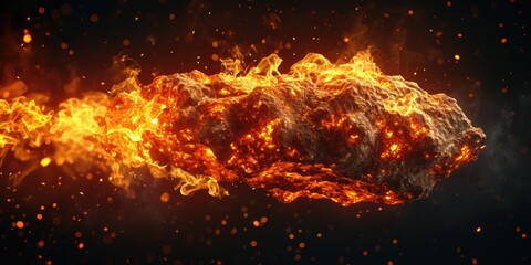 A close up view of a rock with flames bursting out of it. This image can be used to depict elements of danger, intensity, and heat.