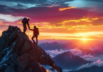 two hikers helping each other on a mountain summit - obrazy, fototapety, plakaty