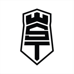 ST Letter Logo monogram hexagon shield shape up and down with crown castle isolated style design
