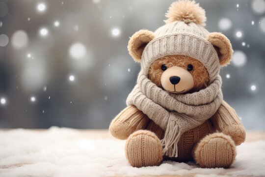 Cute teddy bear wearing a scarf with glitter winter background