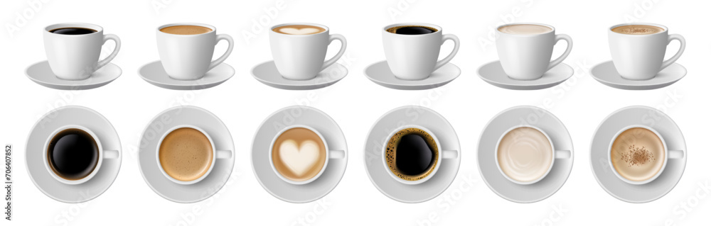 Wall mural americano and latte with heart shaped foam. vector isolated coffee beverages in ceramic cups with ha