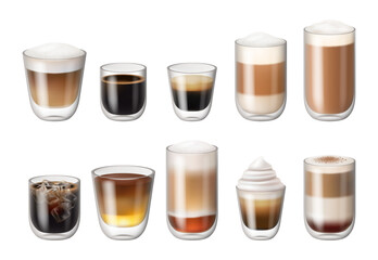 Caffeine drink in glass, isolated realistic coffee beverages with foam and whipped cream. Vector isolated cafe or restaurant, mug served with ice and cinnamon powder. Cocoa and latte, americano - obrazy, fototapety, plakaty