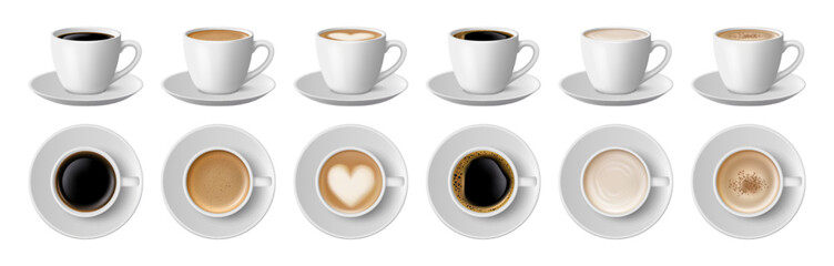 Americano and latte with heart shaped foam. Vector isolated coffee beverages in ceramic cups with handles and saucers. Cafe or restaurant service, top and side view of aromatic drink with milk