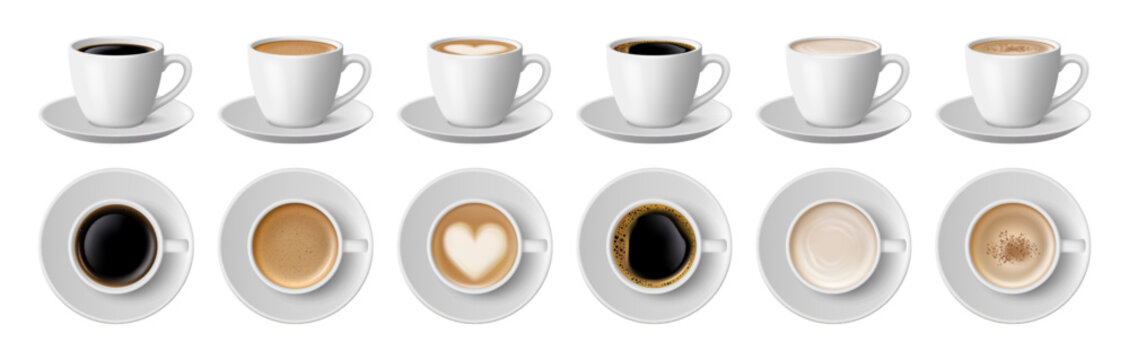 Americano and latte with heart shaped foam. Vector isolated coffee beverages in ceramic cups with handles and saucers. Cafe or restaurant service, top and side view of aromatic drink with milk