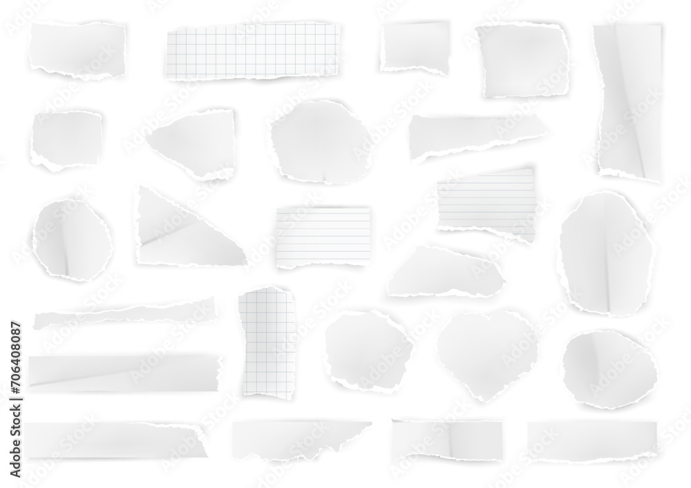 Aufkleber Sheets of paper with torn uneven edges. Vector isolated ripped pieces of note or damaged document, textbooks or notebook journals. Split cutout fragment of page of round and rectangle shape