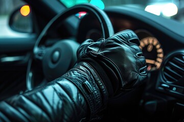 Black leather driving gloves on a dark car dashboard
