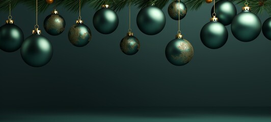 Christmas green minimalism mockup with gold Christmas balls, pine spruces on the dark green background texture. Horizontal banking poster background for advertisement. Photo AI Generated