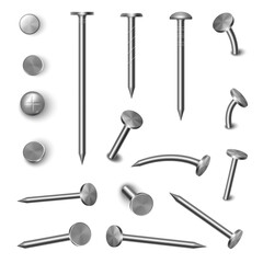 Hammered steel and iron curved nail pins and heads. Vector isolated straight and bent element for construction and building. Realistic metallic hardware and industrial equipment, top view