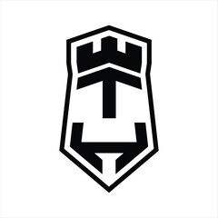 TH Letter Logo monogram hexagon shield shape up and down with crown castle isolated style design