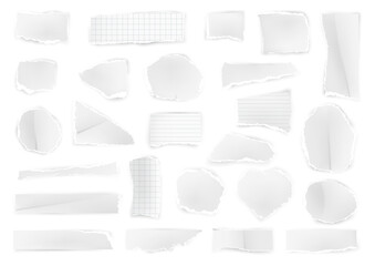 Sheets of paper with torn uneven edges. Vector isolated ripped pieces of note or damaged document, textbooks or notebook journals. Split cutout fragment of page of round and rectangle shape