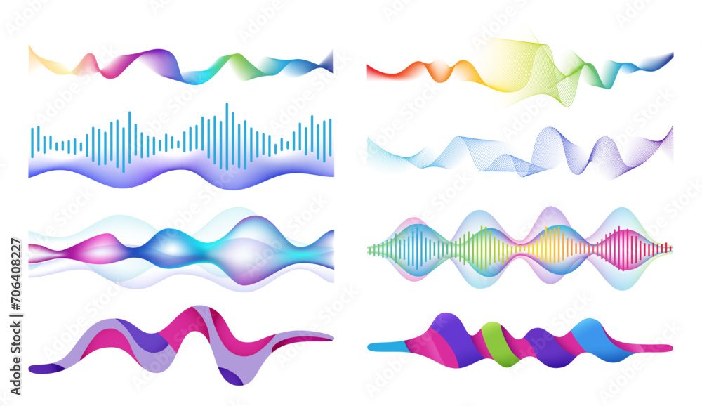 Aufkleber Audio and tune sound waves with curvy lines, waves and mesh texture. Vector isolated noise equalizer, visualization of song effect, motion of composition. Swirls and light 3d stream flow