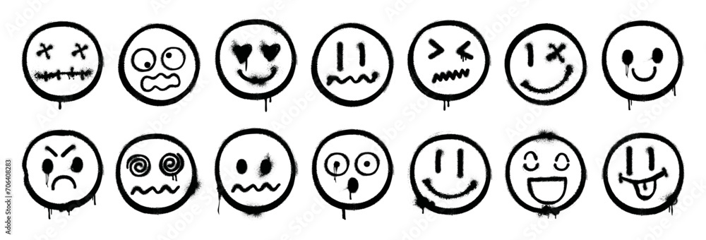 Poster graffiti smiling faces showing emotion. vector isolated spray paint emoticons with wet ink leaking, 