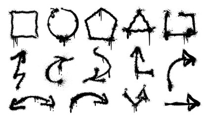 Street art arrows and pointers drawn with spray paint. Vector isolated graffiti with leaking ink, wet black drops and splashes. Grunge style frames, square and circle, triangle and hexagon