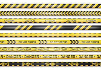 Yellow caution ribbon, do not cross, warning and danger. Vector isolated realistic tape of police, prohibition to trespass, barrier for pedestrians. Crime scene investigation, forbidden access - obrazy, fototapety, plakaty