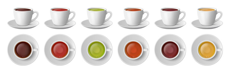 Tea cups, realistic tasty beverages served in ceramic mugs with handles and saucers. Vector cafe or restaurant order, different herbal tastes of warm drinks. Side and top view on dishware