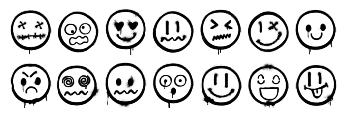 Fototapeten Graffiti Graffiti smiling faces showing emotion. Vector isolated spray paint emoticons with wet ink leaking, splashes and splatters. Grungy street art expressions, angry and in love, surprised and scared  © Sensvector