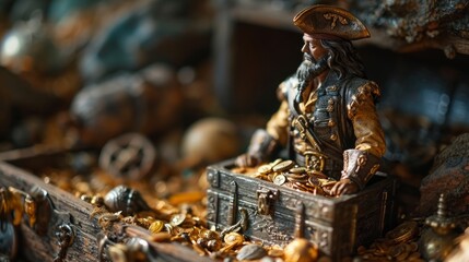 Miniature figurine of a pirate with a chest full of gold coins, surrounded by sea treasures