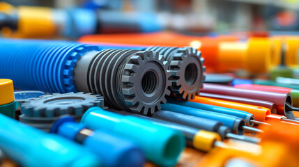 assortment of colorful industrial gears and pipes, highlighting the components used in machinery and engineering