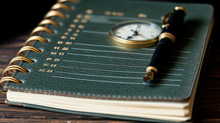 planner with a golden pocket watch and a fountain pen on top, suggesting organization, time management, and classic style