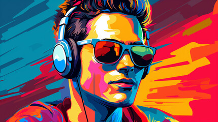 Retro Vibes: Young Man in Headphones Enjoying Music in Pop Art Style