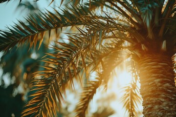 Fototapeta premium A palm tree with the sun shining through it. Perfect for tropical or beach-themed designs