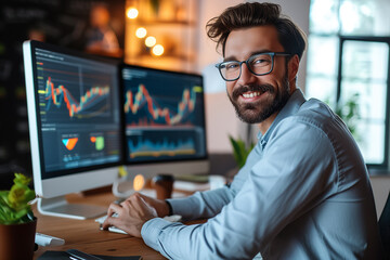 Financial analyst or traders working on computer ,with real-time stocks and exchange market charts - obrazy, fototapety, plakaty